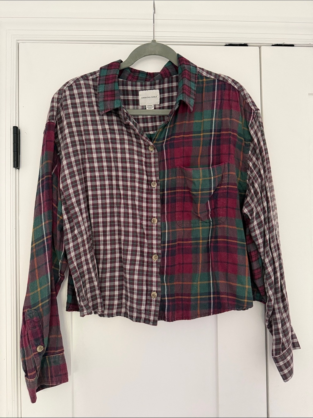American Eagle Plaid Button-Up Cropped Shirt - Burgundy & Teal
